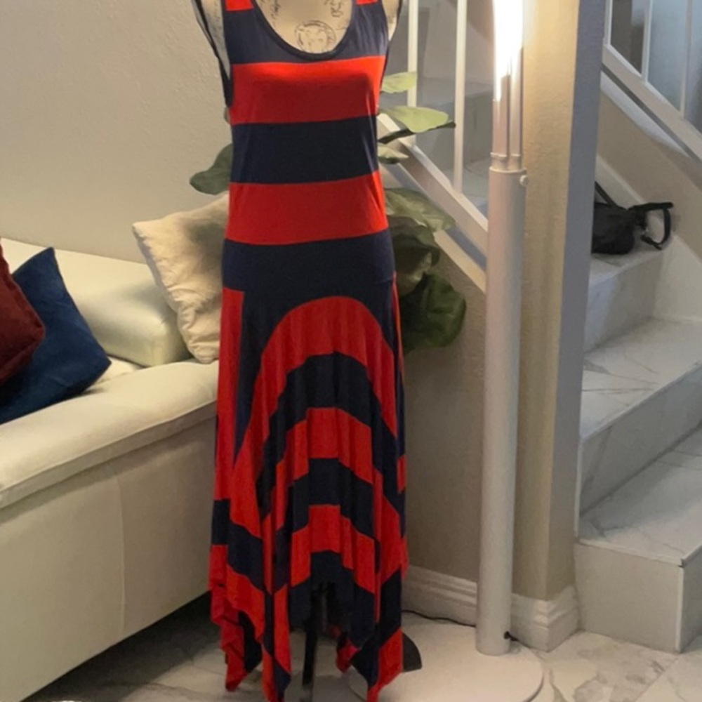 C.S.L.O.N  A red-orange and blue Asymmetrical Striped dress.  Size M